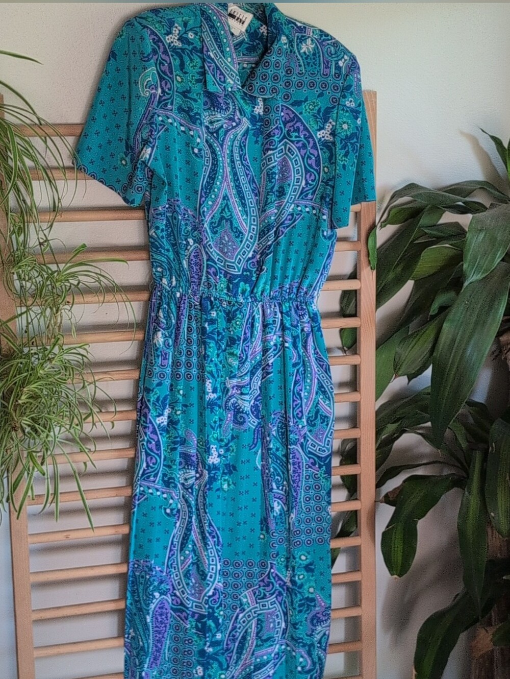 Vintage 90s Teal Paisley Shirtdress